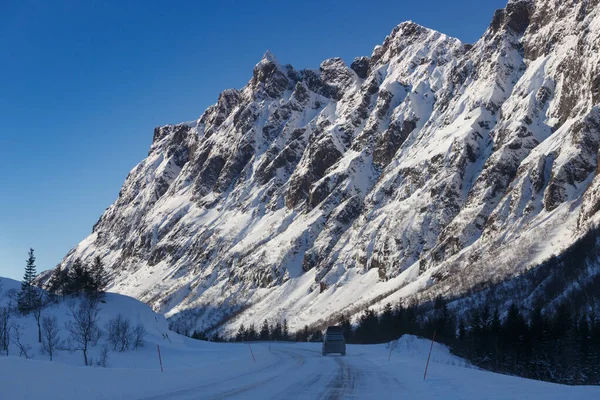 Winter Road Norwegian Mountains Lofoten Islands Norway — Stock Photo, Image