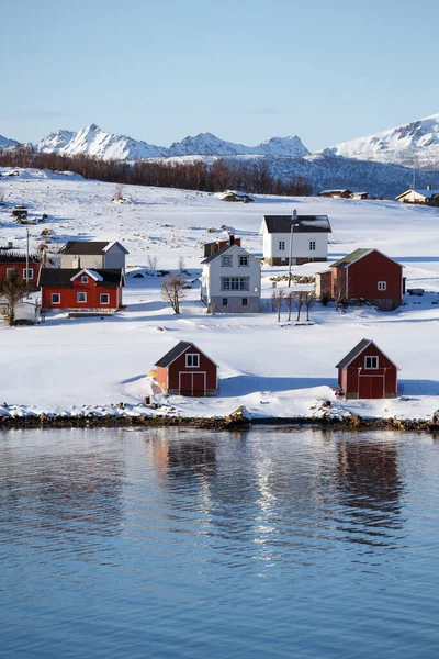 Malá Norská Vesnice Břehu Fjordu Lofotenské Ostrovy Norsko — Stock fotografie