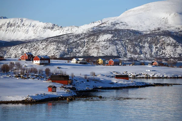 Piccolo Villaggio Norvegese Sulla Riva Del Fiordo Isole Lofoten Paesi — Foto Stock