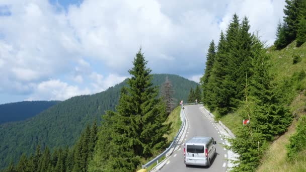 Masina Conducere Munte Deal Țară Drum Înconjurat Frumos Pin Copac — Videoclip de stoc