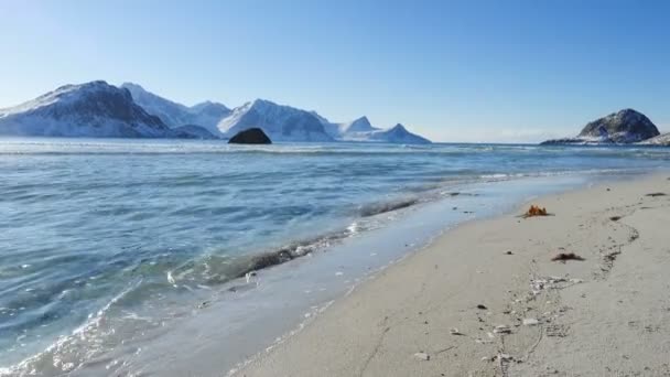 Inverno Lofoten Praia Ramberg Momento Pôr Sol Norte Noruega — Vídeo de Stock
