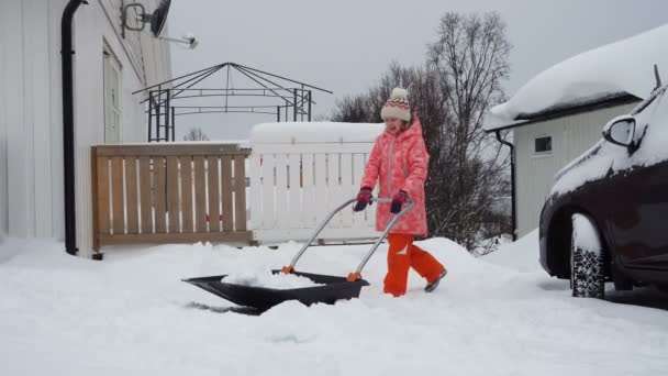 冬の吹雪の後にシャベルで雪の道をきれいにするのを手伝っている子供の女の子 — ストック動画