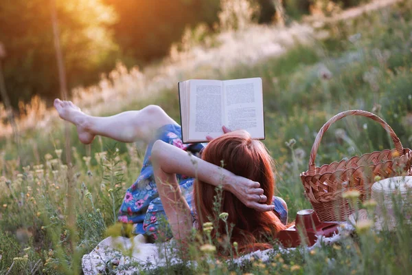 Zomer Meisje Leest Een Boek Een Picknick Een Weide Het — Stockfoto