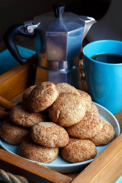 Tortas Caseras Deliciosas Sabrosas Galletas Canela Con Taza Café — Foto de Stock