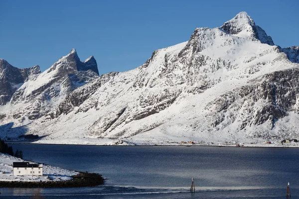 Pequena Aldeia Norueguesa Margem Fiorde Ilhas Lofoten Noruega — Fotografia de Stock