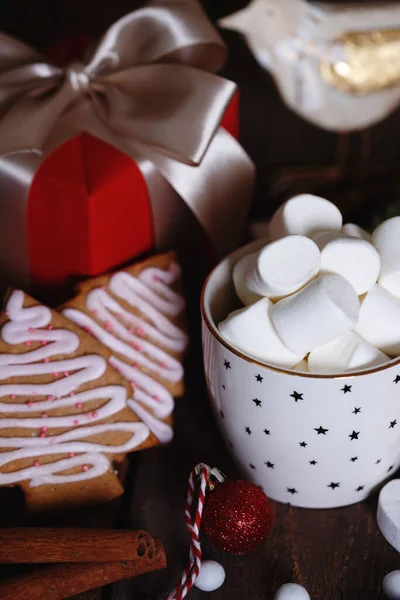 Tazza Caffè Marshmallow Regali Pan Zenzero Addobbi Natalizi — Foto Stock