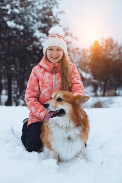 Hermosa Chica Rubia Corgi Esponjoso Invierno — Foto de Stock