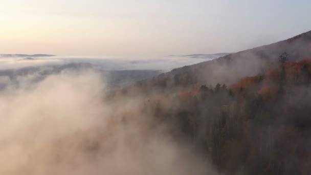 Luftaufnahme Von Nebligen Nebligen Morgendlichen Herbstbergen Mit Den Wolken Die — Stockvideo