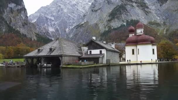 Konigsee Lake Německo Října 2019 Letecký Pohled Kostel Bartoloměje Jezera — Stock video