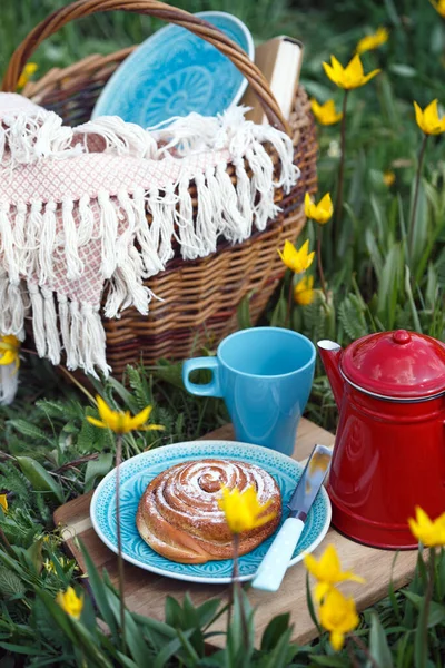 Frühlingspicknick Auf Der Wiese Stillleben Zimtbrötchen Tasse Tee Und Korb — Stockfoto