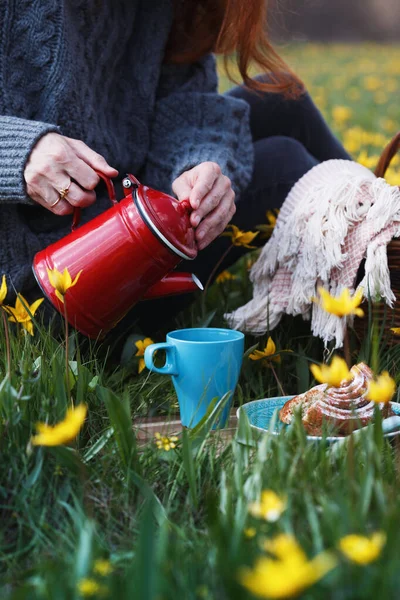 Mädchen Gießt Tee Eine Tasse Beim Frühlingspicknick Auf Der Wiese — Stockfoto