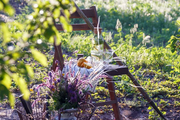 Zátiší Limonáda Citrónem Okurkou Mátou Vinobraní Dřevěné Židle Zahradě Mléčná — Stock fotografie