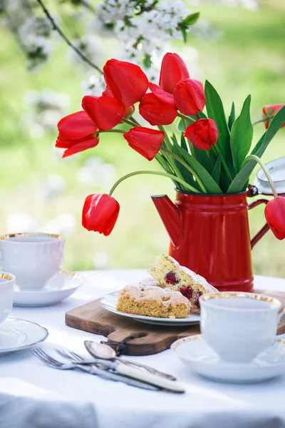 Vie Acier Petit Déjeuner Dans Jardin Printemps Table Avec Nappe — Photo