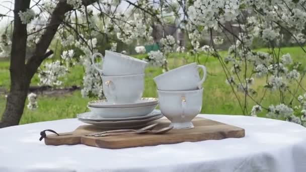 Eettafel Onder Bloeiende Bomen Privé Tuin Winderige Lentedag — Stockvideo