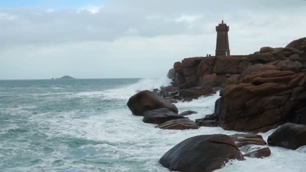 Phare Men Ruz Leuchtturm Rose Granit Strand Bretagne Frankreich — Stockvideo