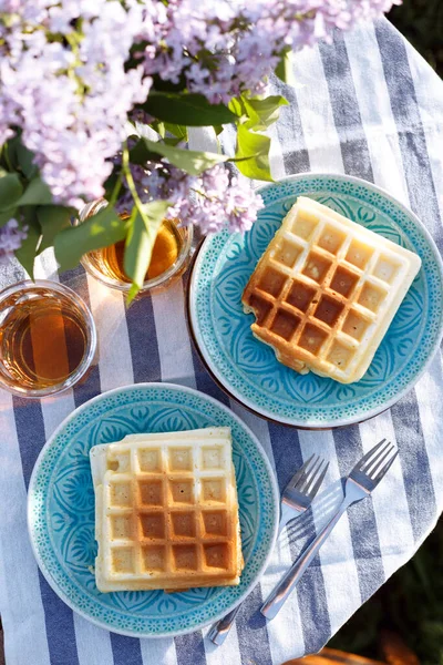 Café Manhã Jardim Waffles Belga Xícara Com — Fotografia de Stock