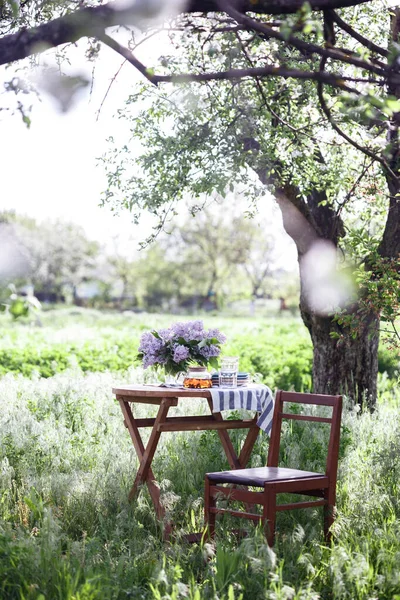 Festa Chá Jardim Buquê Lilases Chá Óculos Mesa Ainda Lif — Fotografia de Stock