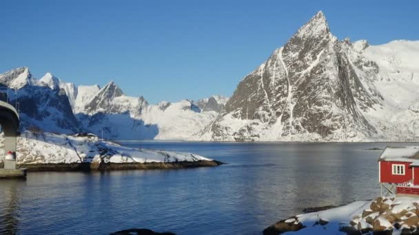 Beautiful Norwegian Winter Landscape Multicolored Rorbu Moored Fishing Ships Bay — Stock Video