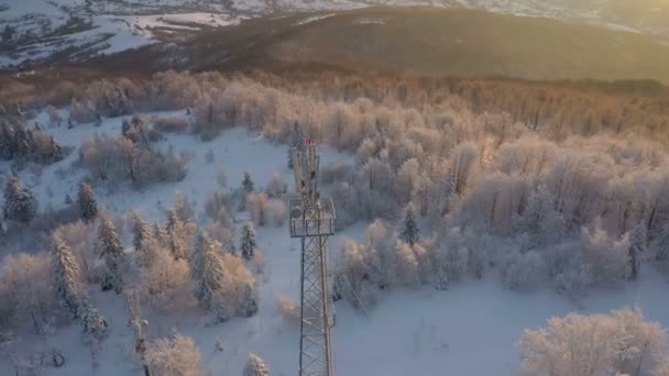 Widok Nadajnika Wieży Komórkowej Górach Zimowych Mrożonych Drzew Oświetlonych Przez — Wideo stockowe