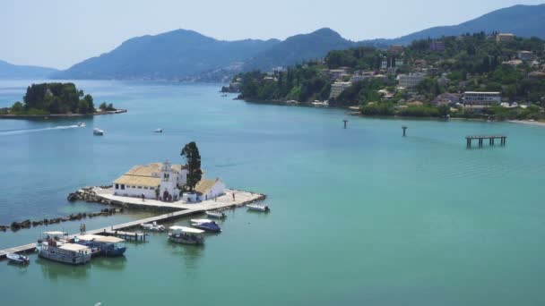 Vista Del Monasterio Vlacherna Kanoni Las Islas Del Ratón Corfú — Vídeo de stock