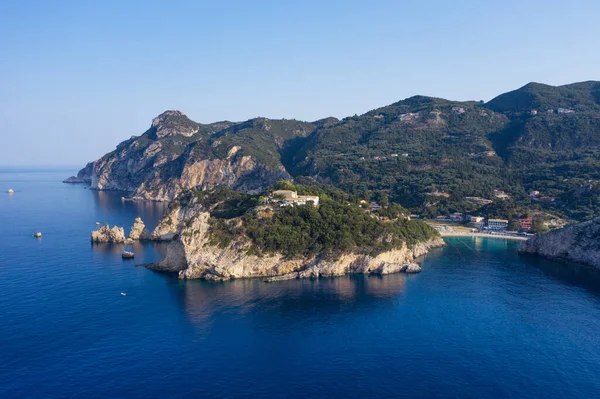 Aerial View Paleokastritsa Coast Paleokastritsa Monastery Top Rocky Cliff Corfu — Stock Photo, Image