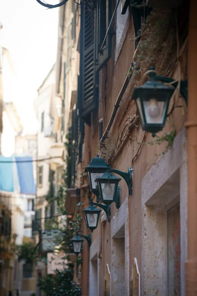 Farolas Las Calles Del Casco Antiguo Isla Corfú Kerkyra Greec — Foto de Stock