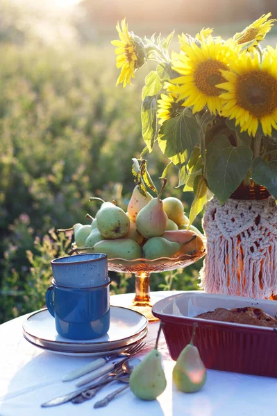 Garden Still Life Tea Party Garden Currant Pie Vase Sunflowers — Stock Photo, Image