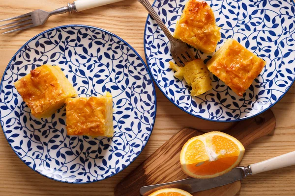 Traditional Greek Orange Pie Beautiful Plates Portokalopit — ストック写真