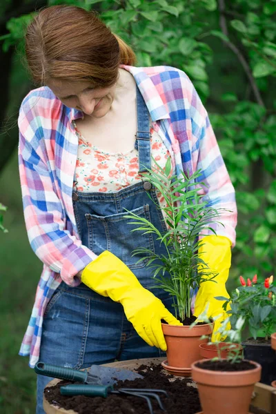 Glückliches Mädchen Das Blumen Garten Pflanzt Blumentöpfe Und Pflanzen Zum — Stockfoto