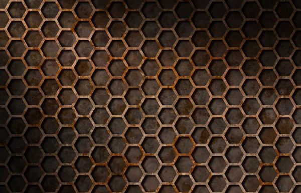 Texture de grille hexagonale rouillée éclairée en diagonale — Photo