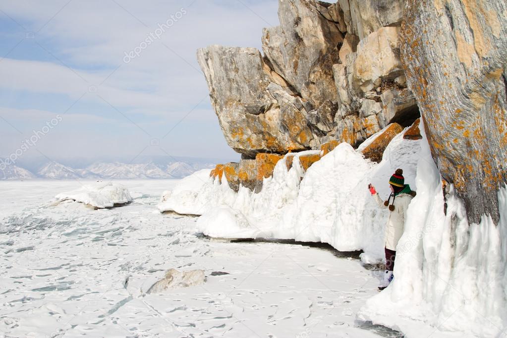 Winter Baikal. Rocky shore of Olkhon