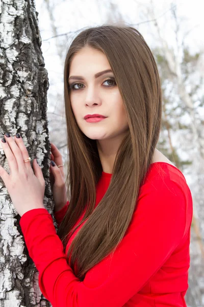 Jovem em um vestido vermelho com cabelo comprido — Fotografia de Stock