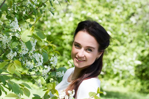 Girl on a background of a blossoming bird cherry — Stock Photo, Image