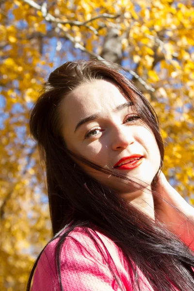 Junges Mädchen auf einem Hintergrund aus gelben Herbstblättern — Stockfoto