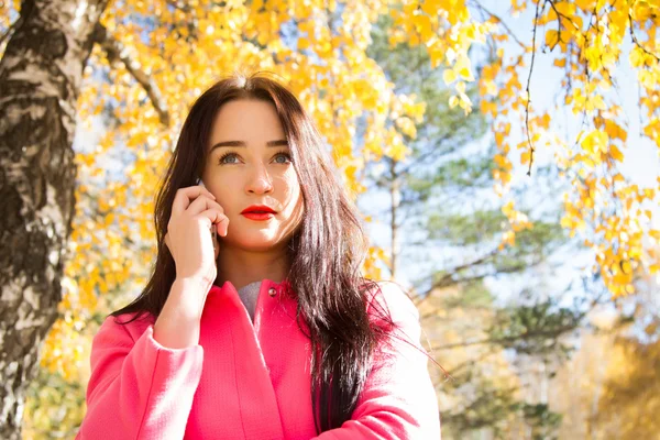 年轻的女孩，背景为黄色的秋天叶子 — 图库照片