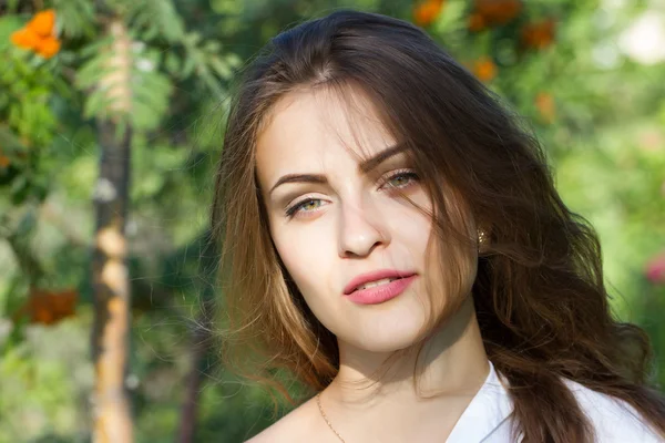 Chica joven con el pelo largo en el parque sobre un fondo de ceniza de montaña — Foto de Stock