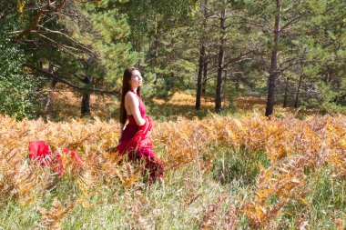 Sarı arasında kırmızı akşam elbiseli kız eğreltiotu yaprakları