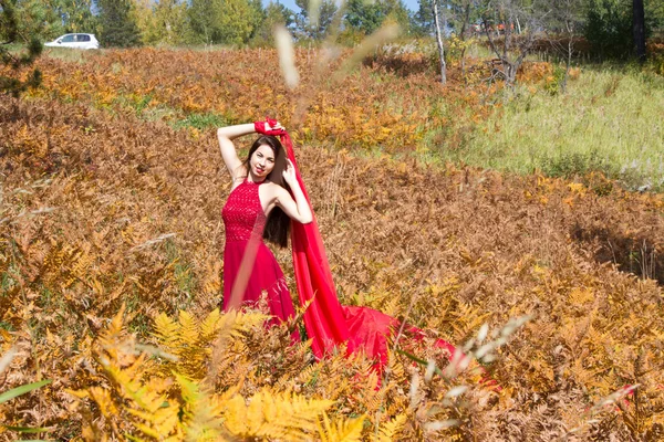 Flicka i en röd frack bland gula blad av en ormbunke — Stockfoto