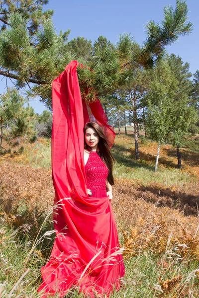 Mädchen im roten Abendkleid zwischen den gelben Blättern eines Farns — Stockfoto