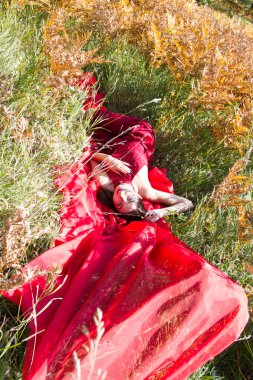 Sonbahar ormanda uzun otların içinde yatan kırmızı akşam elbiseli kız