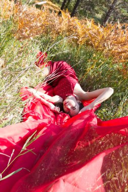 Kırmızı Abiye yüksek sonbahar çimleri kızıdır