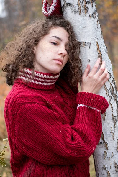 Mädchen Warmen Strickpullover Herbstlichen Wald — Stockfoto