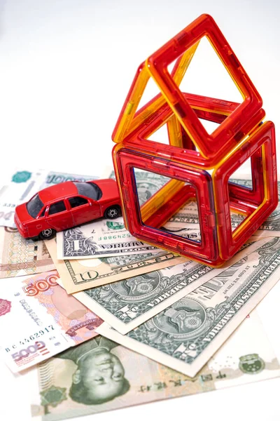 Model House Model Toy Car Bills Different Countries — Stock Photo, Image