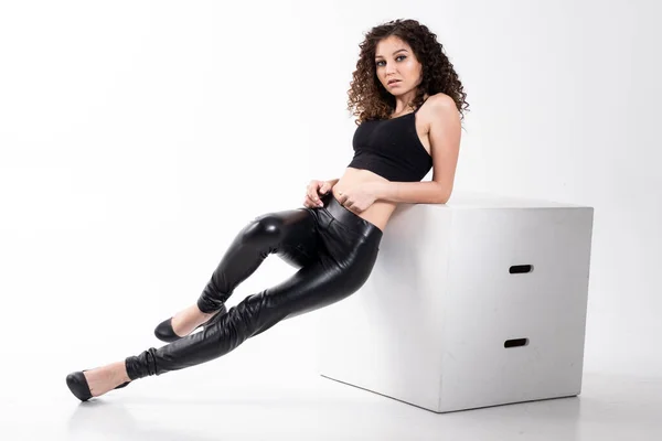 Young Girl Black Leather Pants Tank Top White Background — Stock Photo, Image