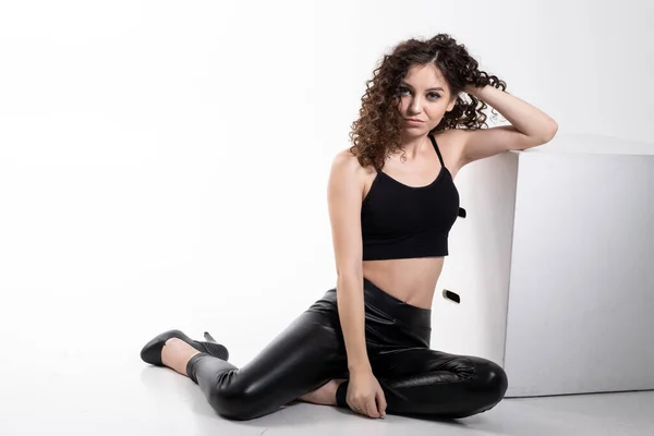 Young Girl Black Leather Pants Tank Top White Background — Stock Photo, Image