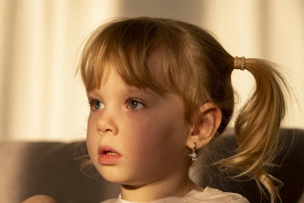 Little Emotional Girl Pigtails Studio Portrait — Stock Photo, Image