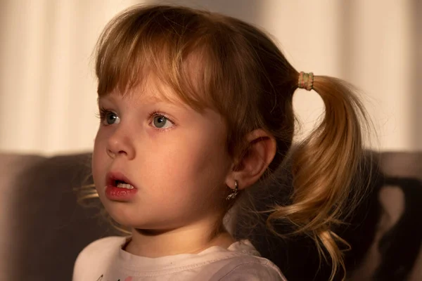 Uma Menina Emotiva Com Tranças Retrato Estúdio — Fotografia de Stock