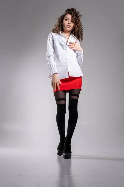 Girl Pantyhose Red Skirt White Shirt Studio Portrait — Stock Photo, Image