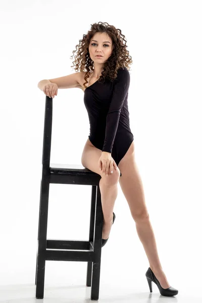 Slender Young Girl Posing High Bar Stool Studio Portrait — Stock Photo, Image