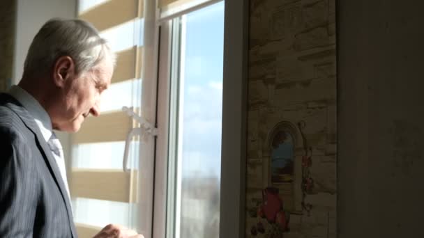 Ένας Ηλικιωμένος Γκριζομάλλης Στέκεται Στο Παράθυρο Του Γραφείου — Αρχείο Βίντεο
